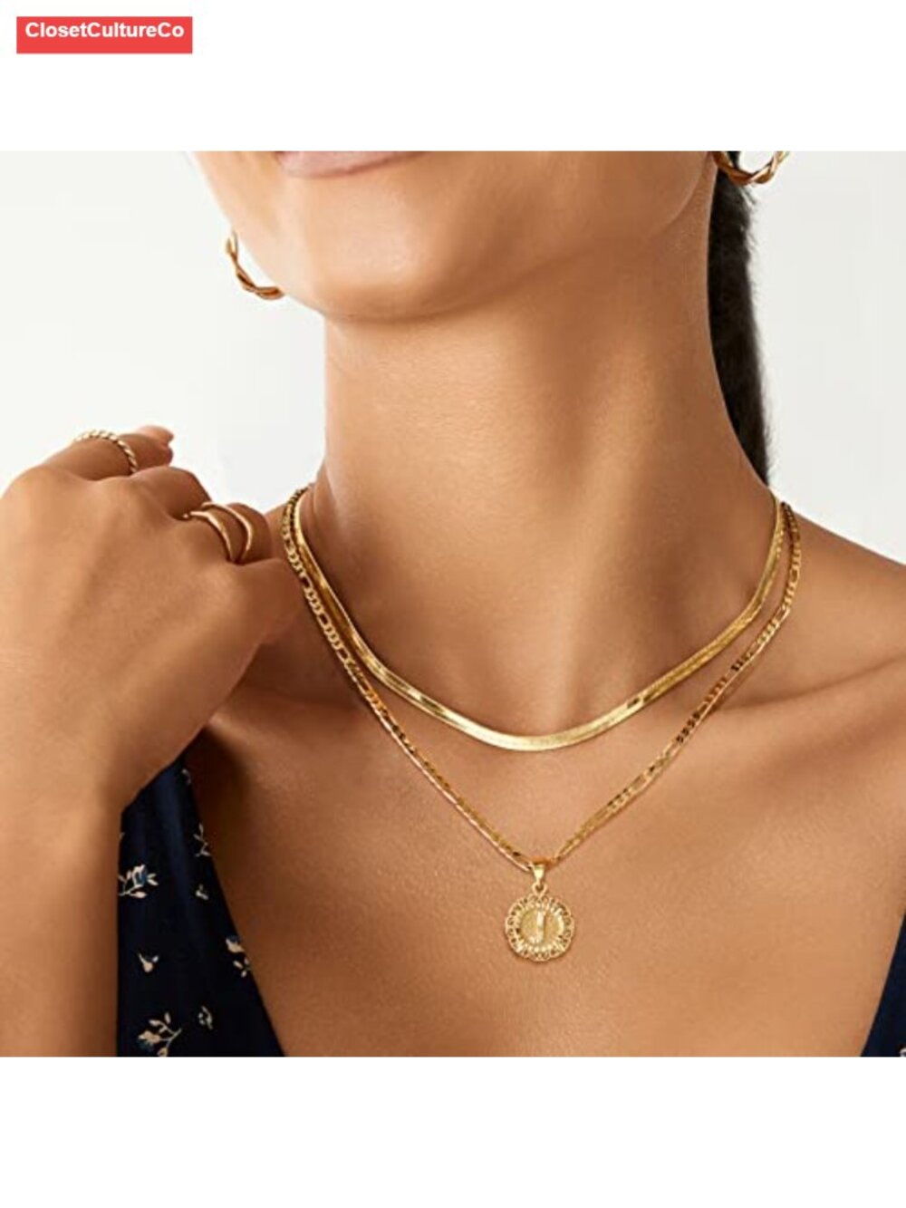 Initial Necklace Women Stainless Steel 14K Gold Plated Pendant 20in Figaro Chain - Picture 2 of 6